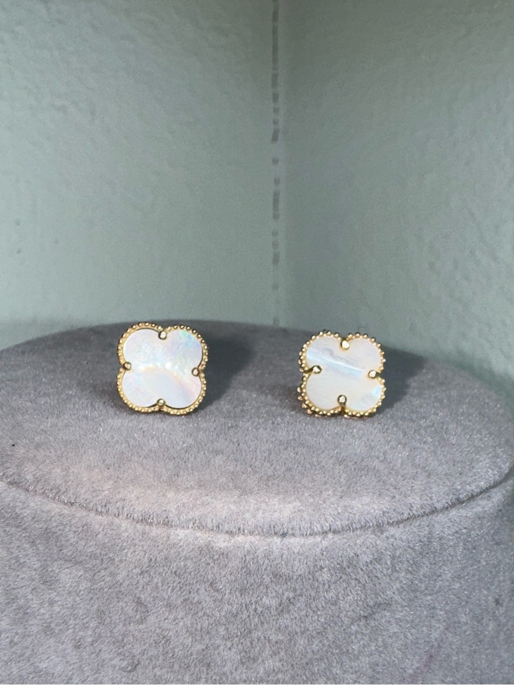 Gold-Trim White Mother-of-Pearl Clover Stud Earrings